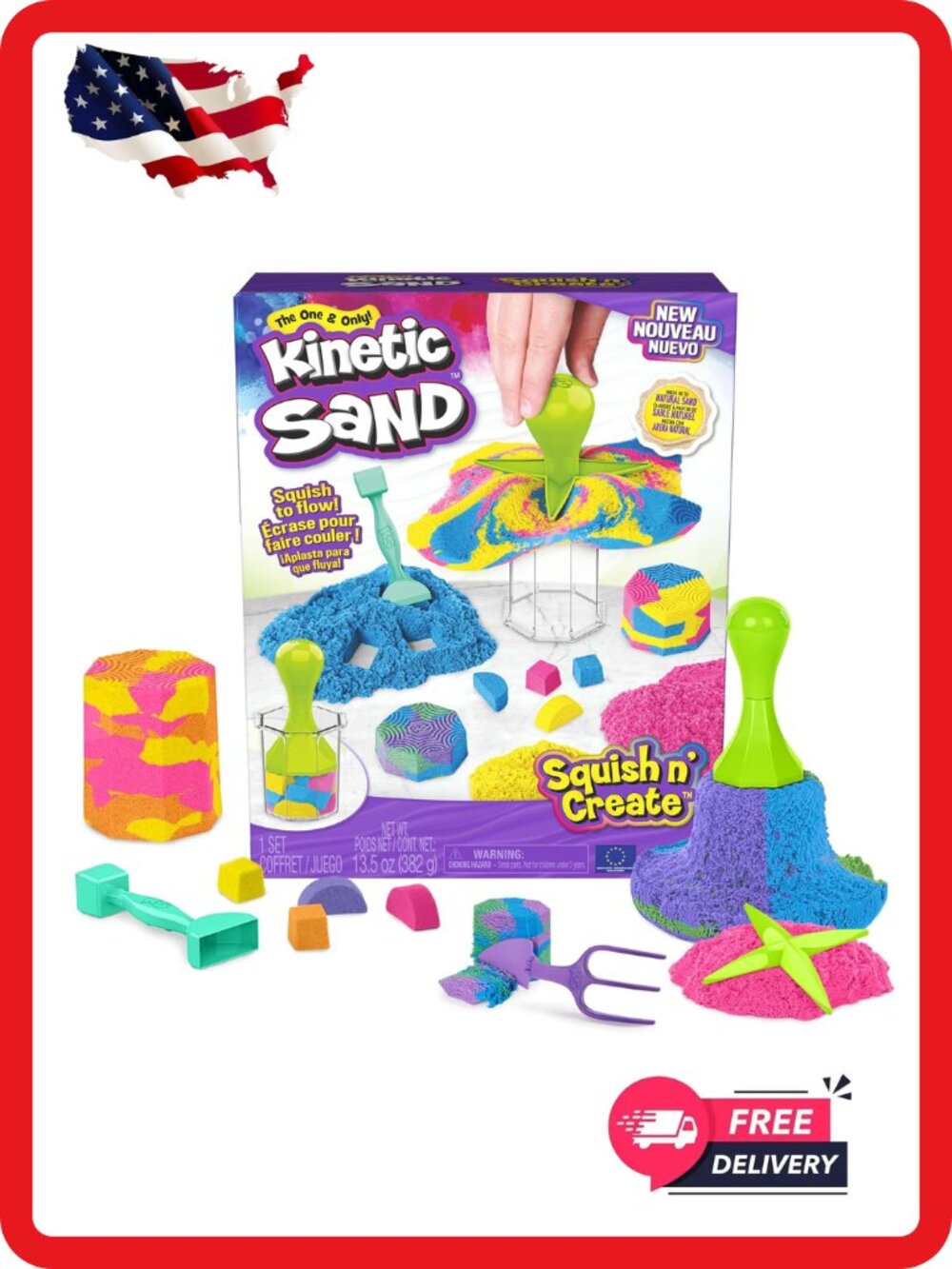 Kinetic Sand Squish N Create Playset 13.5oz Sand 5 Tools Ages 3+ Kids Toy